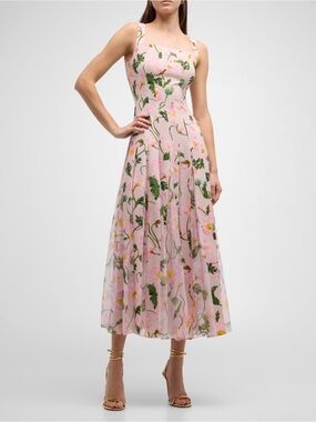 Oscar de la Renta Painted Poppies Crepe Cady dress. Square Neck Pleated